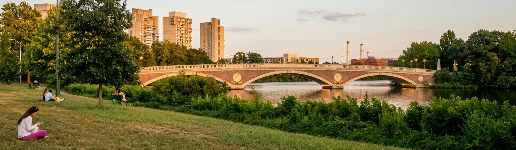 A riverside lawn in Cambridge at golden hour: people sitting on the grass, an arched masonry bridge across the water and towers beyond.